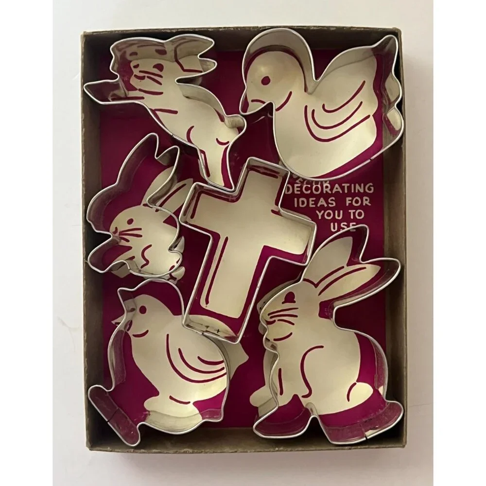 Vintage Easter Cookie Cutters Set | 1940s–1950s Metal Bunny Swan Bird Cross - Picture 4 of 7